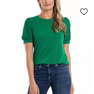 Cece Women's Short Puffed Sleeve Mix Media Knit Top